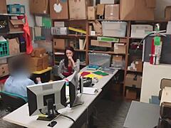 intriguing scene of teen with tattoos in shop, nude, spooning, involving cock, tits, sex, legs