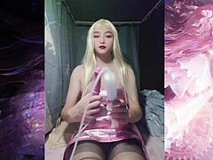 shemale in pink tube top strokes big cock