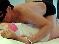 Asian Big-Breasted Beauty in Red Bra Gets Fingering and Licking on Bed