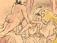 Detailed vintage erotic illustration depicting sensual scenes from antique anime hentai