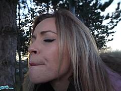 public agent tests tina princess with blind cum tasting outdoors