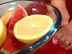 Brunette uses feet for footjob before doggy fucking