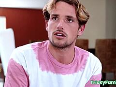 Cock-hungry teen stepsis bends over for blowjob and pussy pounding.