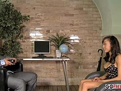 Skinny Exotic Babe Slams Down on Boss’s Big Cock in Office POV