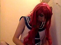 Redhead crossdresser's solo performance with a happy ending