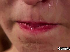 Sexy model takes jizz shots on face while sucking every drop
