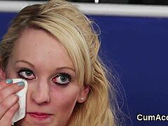 Sexy model takes jizz shots on face while sucking every drop