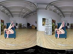 Lovely blonde strips in VR, teasing with big tits 😍