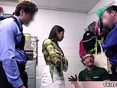 Penelope takes hard punishment from mall cops as hubby watches