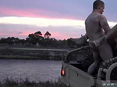 Soldier explores gay sex in military manga with ass cheeks spreading during masturbation.