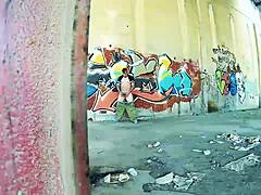 Chubby couple bangs hard against public street wall.