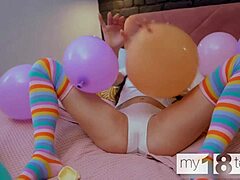 My18teens - skinny girl with small tits inflates balloons and dildo fucks