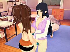 Hinata and Diane from Naruto and Seven Deadly Sins in lesbian cartoon scene. Anime hentai crossover.