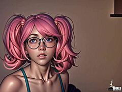 This nerdy girl gets possessed and fucks curvy bitches with a huge cock.