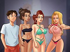 Group party with girlfriend and friends in Summertime Saga anime