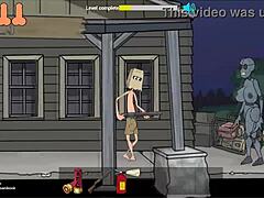 in fuckerman flash game by bambook, the big tits anime girl gets a facial from monster cock