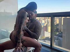 Cunhadinha surprises in fishnets with balcony tease at hotel