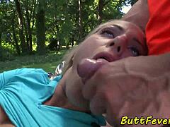 eurobabe gets assfucked outdoors, drooling over two cocks in group glamour.