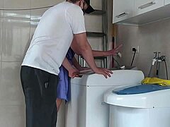 Housewife Teases Technician Fixing Washing Machine with Her Curvy Body.