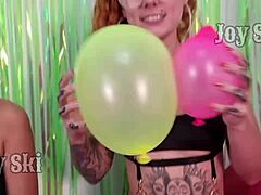 Curvy Girls At Party Rub Their Asses And Feet With Balloons, Kissing Each Other