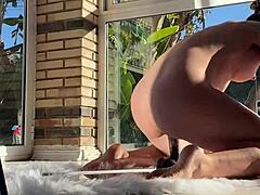 struggling with my first huge black dildo backstage today