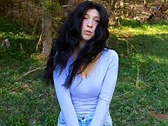 Influencer Lost Husband in Woods, Ends Up Riding Monster Cock Outdoors in Shorts. Big Tits Bounce in Nature POV.