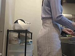 after making tamagoyaki my spot got hot so i couldn't hold back and started touching while sticking out my big tits ass