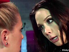 Bound lesbian submits to anal fucking and gagging with dildo after party