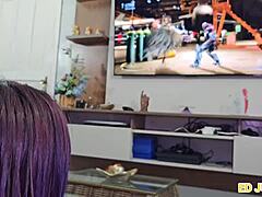 hot girl stops video game to sit on big cock without condom, interracial amateurs