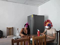 Can You Believe This Housemaid Touches Her Tits Sensually And Flirts With Dildo While Feeding Blind Man?