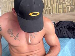 Brazilian Bodybuilder Tattooed Muscular Man Masturbating Sensually