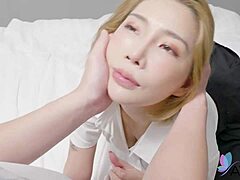 Cheating asian stacy gives blowjob then rides shaved pussy doggystyle close up