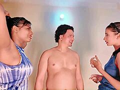 Petite horny babe enjoys wet anal and pussy fucking with cum in mouth in sexy threesome romance.