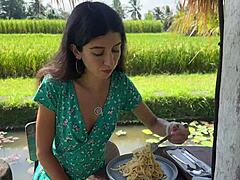 Beautiful babe takes huge cum on face in public cafe then eats pasta carbonara covered in sperm during cumwalk