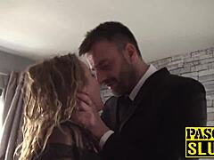 Bigtits subslut in lingerie dominated and fed cum