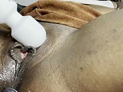 Big dildo makes horny ebony cream pussy