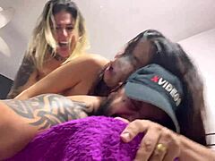 In the bedroom, she gags on cock and ass, feeling it pulse in her wet pussy as they cum together.