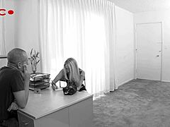 Tiny blonde Kendi sucks huge cock then gets assfucked to squirting creampie.