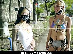 bffs melody foxx and paisley paige cum swap in a wild orgy.