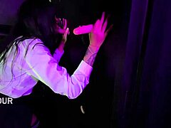 brunette with big ass gets two dicks in glory hole