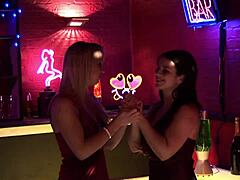 Group gathering featuring brunette with ample bosom