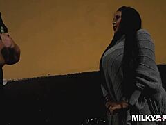 Horny latina milf gets fucked doggystyle at the police station, flashing her big tits and ass