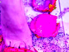 my bare toes crushing juicy fruit, feeling sexy wet