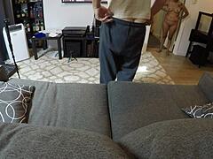 Mandy mynxx gives suggestive oral blowjob on couch pov