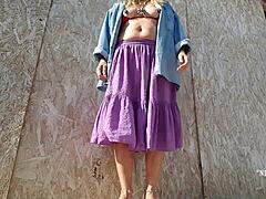 naughty milf plays with pierced nipples and pussy outdoors emotionally