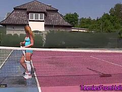 Tennis teen says, watch me rub my pussy outdoors