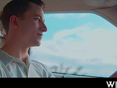 Brunette in threesome gets deepthroat and cowgirl fucking with big tits