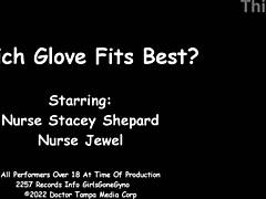 Tanned nurse with short hair tries latex gloves backstage at hospital