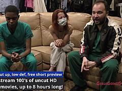 Tanned nurse with short hair tries latex gloves backstage at hospital