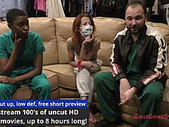 Tanned nurse with short hair tries latex gloves backstage at hospital